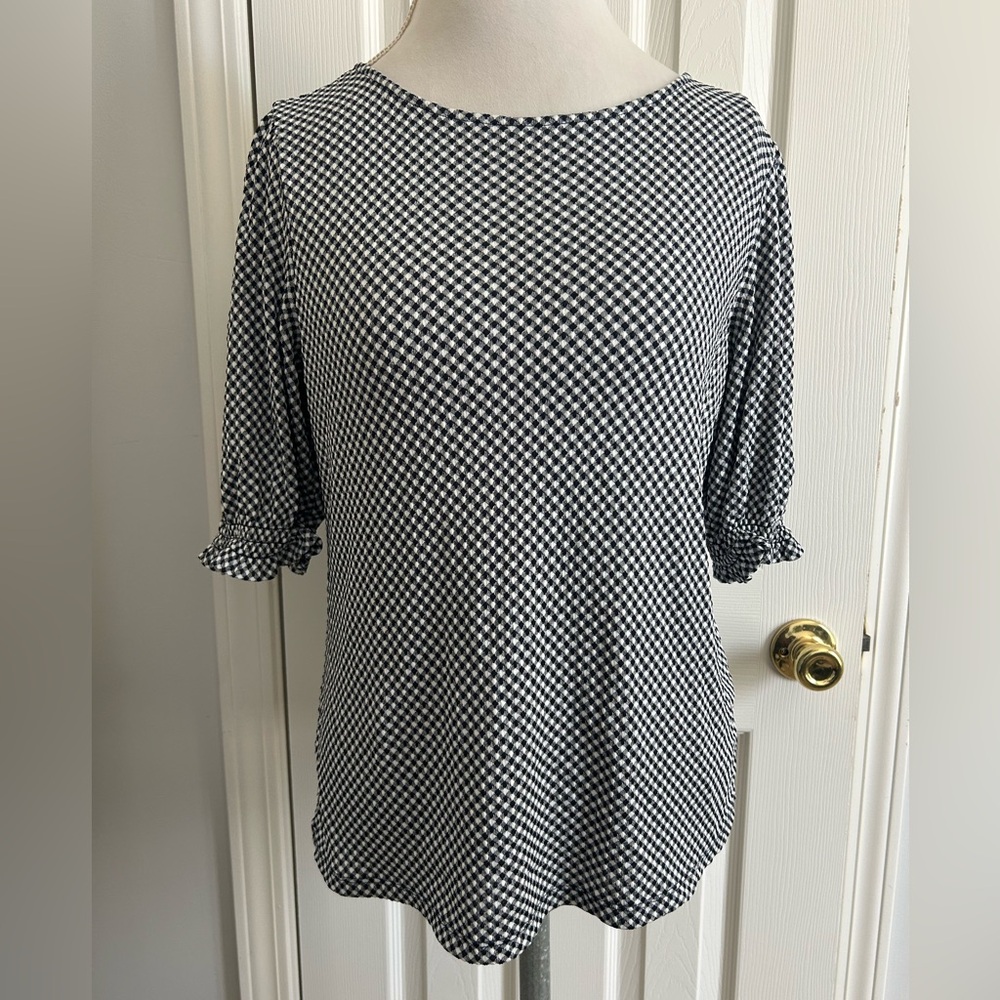 Ann Taylor Factory Black and White Ruffled Puff Sleeve Blouse